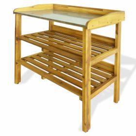 Potting Bench with 2 Shelves Solid Acacia Wood and Zinc (Color: Brown)